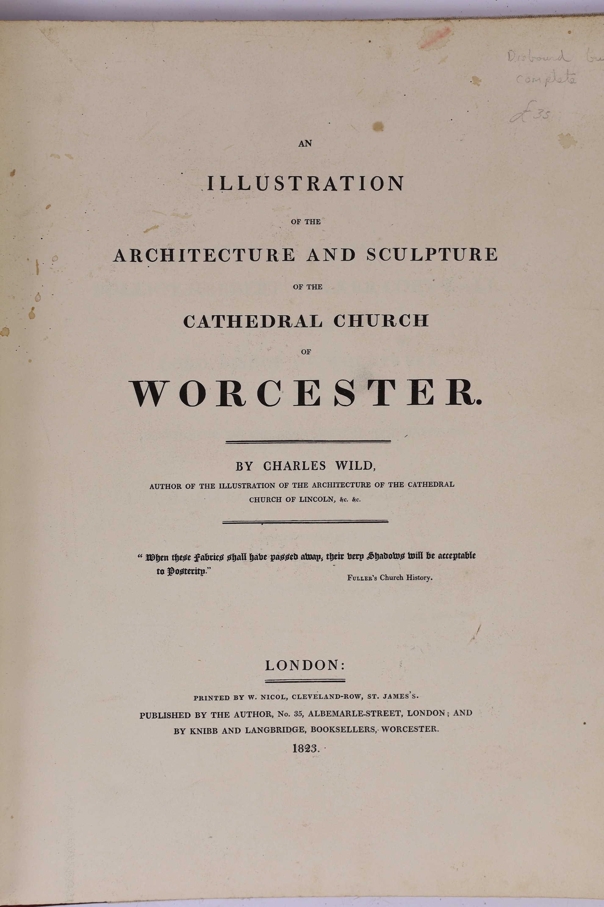 WORCS: Card, Rev. Henry - A Dissertation of the Antiquities of the Priory of Great Malvern ... lithographed frontis and text engravings; pictorial printed boards (rebacked leather), 4to. 1834; Booker, Rev. Luke - A Descr